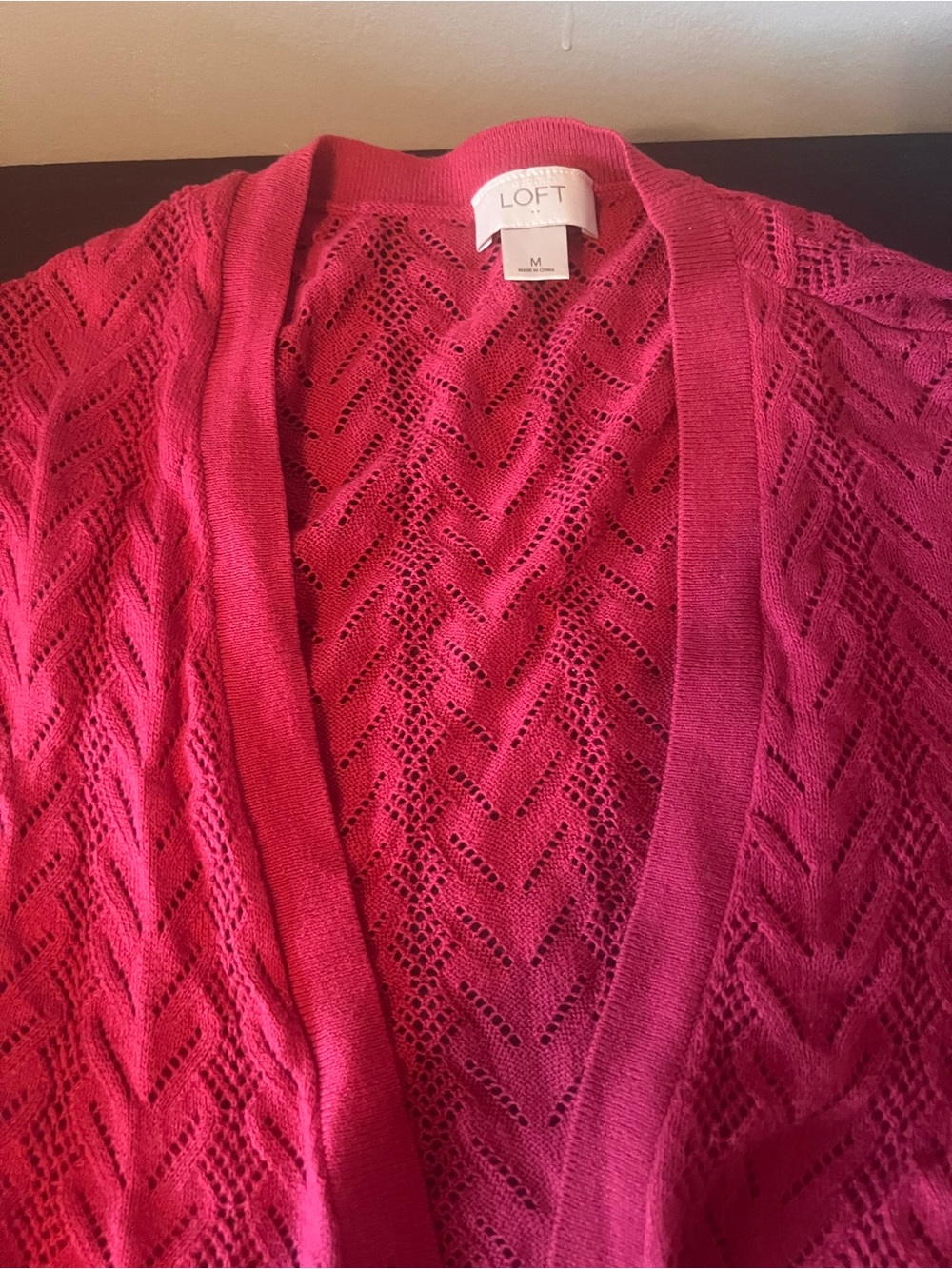 LOFT Open-Front Crochet Knit Cardigan in Bright Pink
